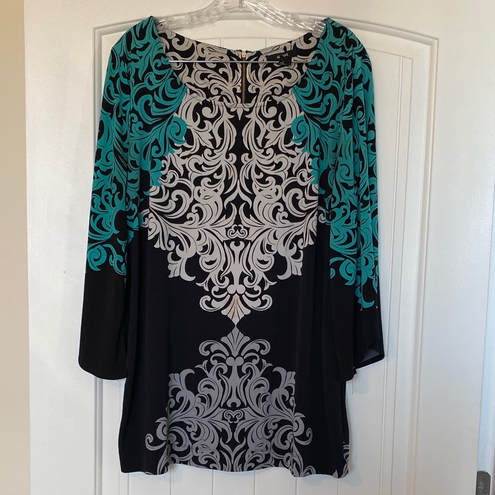 Alfani Black, Gray and Teal Patterned Tunic Blouse